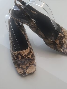 A. Marinelli Tan and Black Snake-Print Slingback Heels